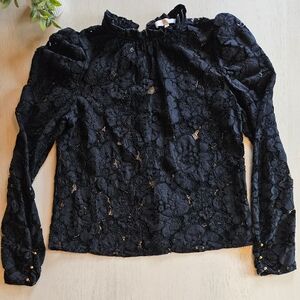 Wayf Black Lace Puff Sleeve Blouse